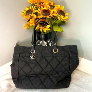 CHANEL Paris Biarritz Tote PM Hand Bag Canvas Black